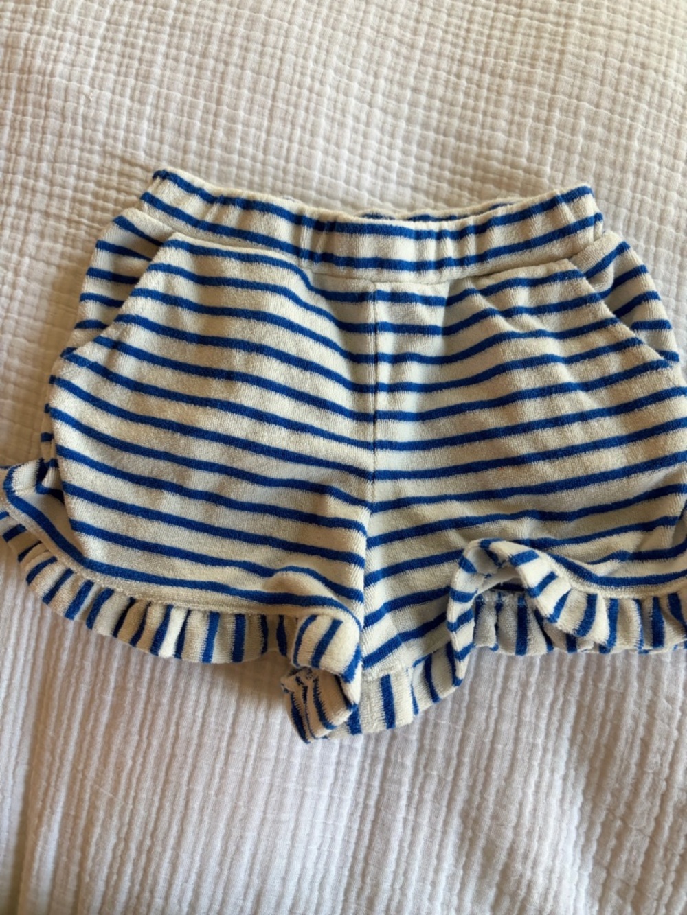Boden Blue & Cream Striped Ruffle Hem Shorts